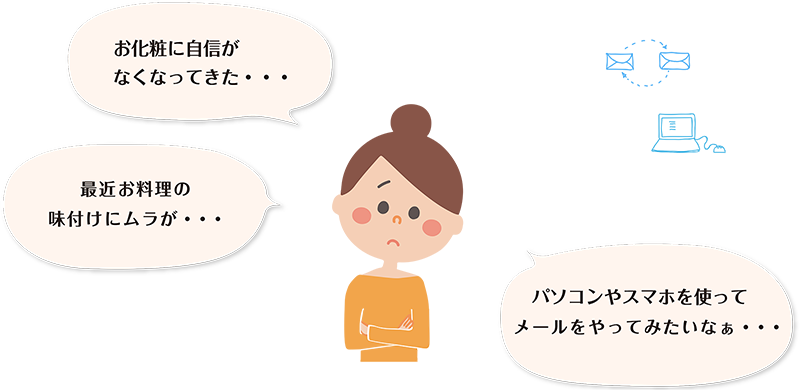 腕組みをした女性がつぶやいています。「お化粧に自信がなくなってきた・・・」「パソコンやスマホを使ってメールをやってみたいなぁ・・・」「最近お料理の味付けにムラが・・・」